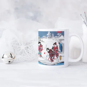 Japanese Ukiyo-e Art Mug Cup with a Box Boxed Woodblock Print Hiroshige Kunisada Prince Genji Geisha Maiko Snow Snowman Beautiful Japan Gift